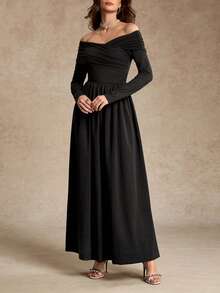 Women's Elegant Solid Color Off-Shoulder Long Sleeve Dress, Early Autumn - Black - View 1