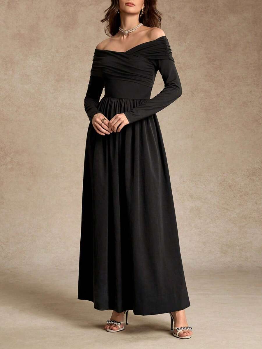 Women's Elegant Solid Color Off-Shoulder Long Sleeve Dress, Early Autumn - Black - View 1