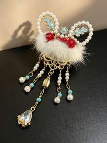 1PC Niche Design Inlaid Pearl Oil Drip Craft Women's Hair Clip, Updo Braided Side Beaded Tassel Hair Clip, Cute Tassel Hair Clip, Suitable For Vacation Party/Wedding/Bridesmaid Bride Headpiece Hair Accessory,Clips For Hair - Multicolor - View 6
