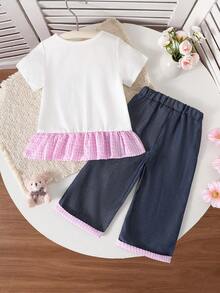2pcs/Set Baju Anak Perempuan Motif Beruang Kartun Lucu Bordir Kotak-kotak Warna Pink Muda Lengan Pendek Berkerut dan Celana Panjang Denim untuk Musim Panas - Putih - View 3