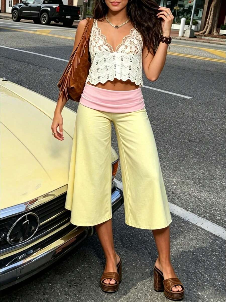 Fold Over Wide Leg Capri Pants For Women Low Rise Lounge Yoga Flare Culottes Y2k Flowy Crop Palazzo Pants - 黃色 - 查看 1