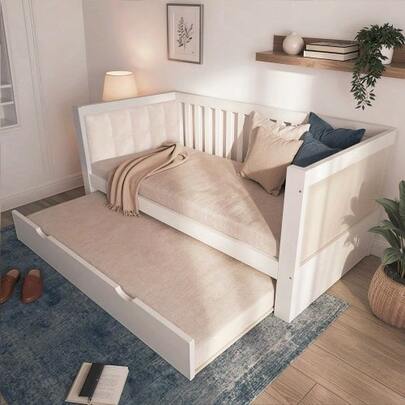 Tagesbett 90x190 Cm Mit Ausziehbett 90x190, Platzsparendes Design, Holz, Weiß, Ideal For Small Apartments Or Gästezimmer, Lattenrost, Einfache Montage (Ohne Matratze)