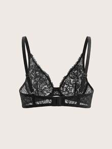 Women's Stylish Black Floral Lace Underwire Triangle Bra, Featuring A Scalloped-Edge V-Neck And A Push-Up Effect-Perfect For Everyday Wear. - Black - View 10