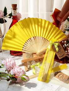 24/48 pezzi (6/12 set) Ventagli pieghevoli a mano per matrimoni in carta gialla con biglietti di ringraziamento, fiocchi e sacchetti regalo, adatti come regali di matrimonio, decorazioni per addii al nubilato, bomboniere per compleanni, anniversari e feste - giallo - Visualizzare 2