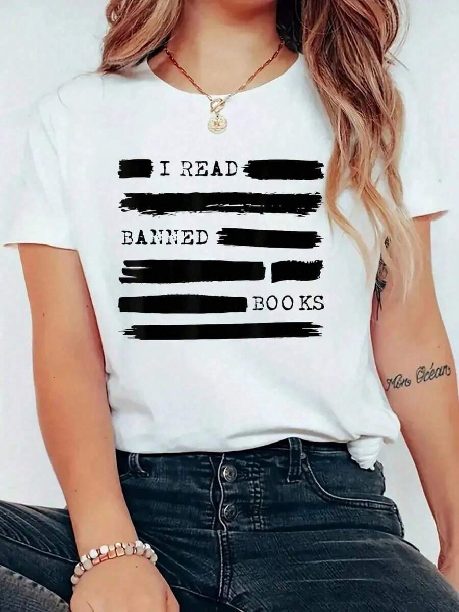 Leo libros prohibidos Semana de los libros prohibidos Regalo para bibliotecario y maestro Camiseta de impresión Casual de cuello redondo de manga corta Cómodarte superior para ropa de muj