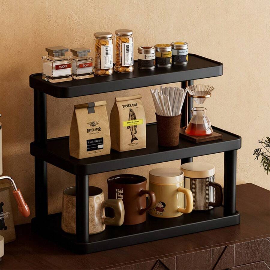 1 pieza Organizador de escritorio de madera sólida negra, estante de almacenamiento de cosméticos vintage de varias capas, estante de almacenamiento multifuncional para el hogar, estante de especias de cocina, soporte para tazas de café, puede sostener lápices labiales, perfumes y tazas de té, estante de exhibición de encimera ahorrador de espacio