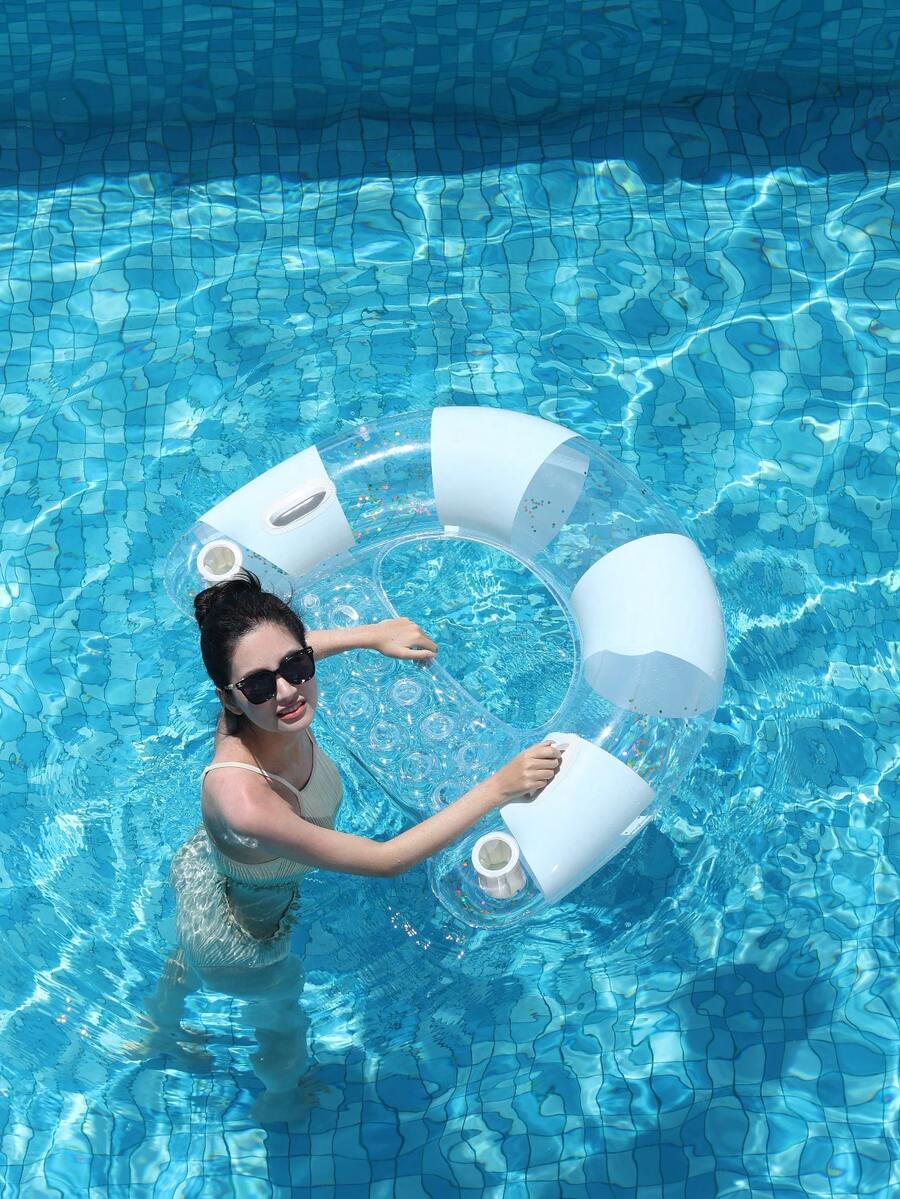 Transparent Glitter Inflatable U-Shaped Pool Lounger With Handle And Cup Holder, Adult Floating Bed For Swimming Pool, Lake, Beach
