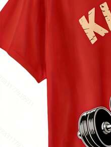 Weightlifting T-Shirt With Bear Design, Fitness, Slightly Fitted And Slightly Humorous - Vintage Gym T-Shirt With Bear Design, Slogan Print - Red - View 4