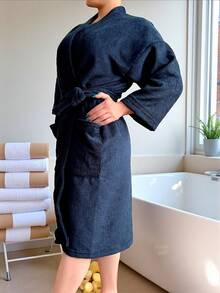 UNISEX BATHROBE, WIDE AND LONG, EXCELLENT ABSORPTION, MICRO-TOWEL FABRIC (COTTON WITH MICROFIBER) - Navy Blue - View 9