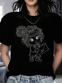 Women's Round Neck, Short-Sleeved T-Shirt With A Valentine's Day Print. White Women's T-Shirt With A Cute Girl Holding An Envelope With A Love Message. Suitable For F - 黑色 - 查看 1