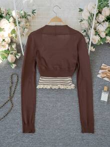 Setelan Atasan Tanpa Lengan Bergaris Bertali Gaya Korea Chic + Atasan Rajut Pendek Cokelat Kopi, Pakaian Dalam 2 Potong Slim Fit untuk Gadis Manis, Cocok untuk Perjalanan Sehari-hari, Kencan, Jalan-jalan, Lapisan Dalam, Awal Musim Gugur - cokelat - View 7