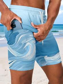Men's Summer Ombre Wave Print Lining Pocket Double Layer Print - Multicolor - View 2