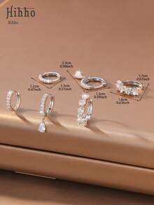 Hihho 6pcs/Set Zirconia Stone Earring Set, Floral & Heart Designs, Sweet & Lively Style, Includes Clover, Hollow Pave, Minimalist Hoop, And Clover Pendant Styles, Suitable For Daily, Work, And Light Social Occasions - Silver - View 6