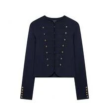 HZXVIC Women's Autumn New Vintage Elegant Gold Double-Breasted Knit Coat Fall - Navy Blue - View 10