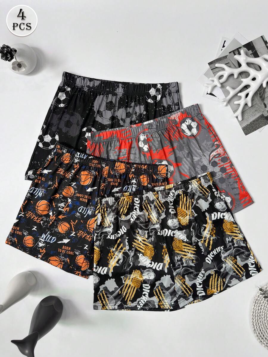 4pcs/Set Men's Graffiti Football Sports Print Pattern Aloha Shorts, Summer Thin Breathable Casual Comfortable Home Sleep Shorts, Elastic Loose Fit, Multi-Color Combination - Multicolor - View 1