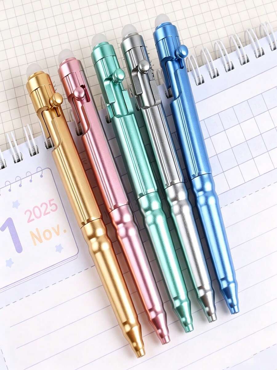 5pcs/6pcs Metal Mecha Retractable Erasable Gel Pens, Textured Bolt-Action Push-Pull Signature Pens, High-Aesthetic Office Student Signing Stationery Gift, Metal Painted Erasable Pens For Office Daily Writing Gift, Back To School Stationery Gift - Bolt - View 1