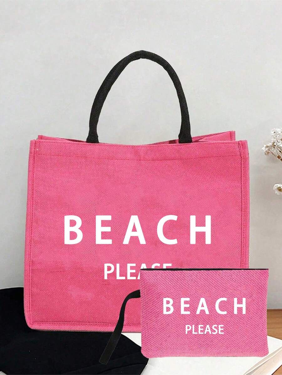 BEACH PLEASE 海灘托特包,大容量手提海灘包 + 拉鍊化妝收納袋,可重複使用購物袋,適合女性、女孩和學生,適用於春、夏、秋季海灘度假、郵輪旅行、泳池派對、野餐、露營、購物和日常通勤,沿海風格時尚設計,適合學校、辦公室、戶外活動和假日出遊,生日、母親節、伴娘禮物、教師禮物、開學季、聖誕節和度假禮物 - 彩色 - 查看 1