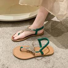 Women's Emerald Green Flat Sandals With Sparkling Rhinestones, Thimble Flip Flops With Elastic Back Strap, Elegant Shoes For Beach Parties And Casual Summer Wear - 707綠色 - 查看 1