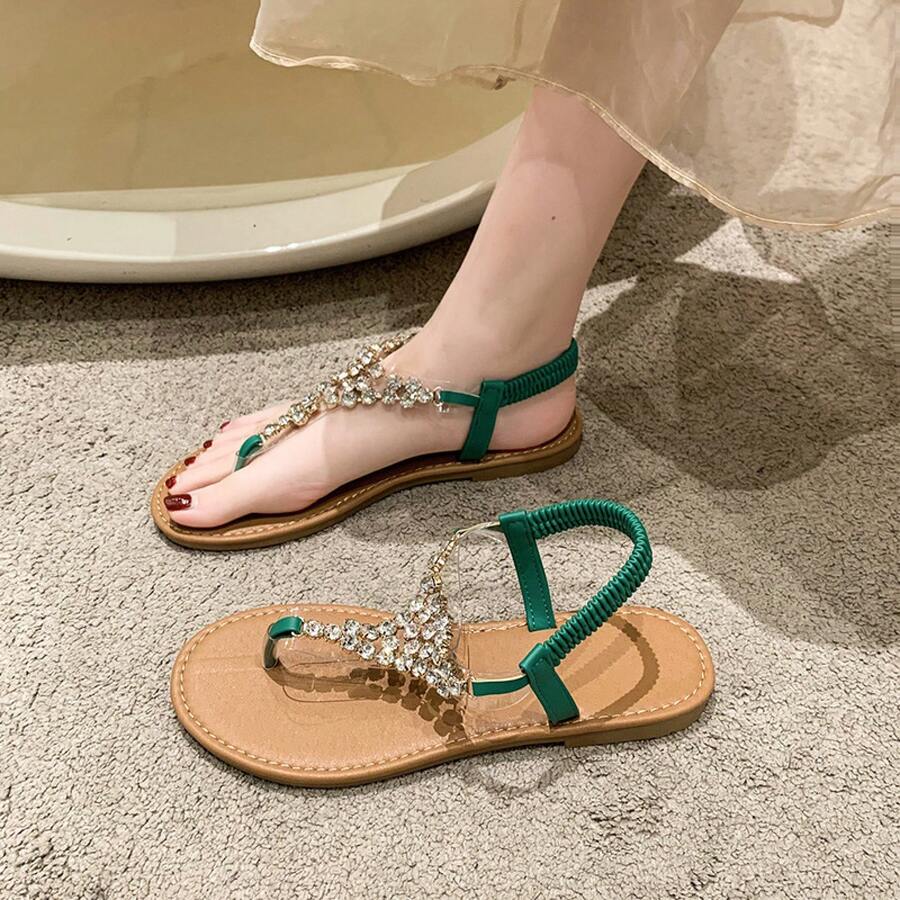Women's Emerald Green Flat Sandals With Sparkling Rhinestones, Thimble Flip Flops With Elastic Back Strap, Elegant Shoes For Beach Parties And Casual Summer Wear - 707綠色 - 查看 1