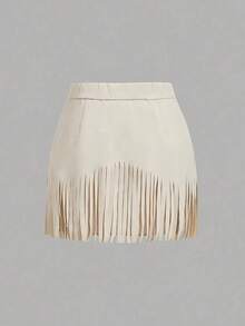 Falda tipo A de imitación de cuero marrón con borlas y tachuelas estilo hippie vintage para mujer - Negro - Ver 2