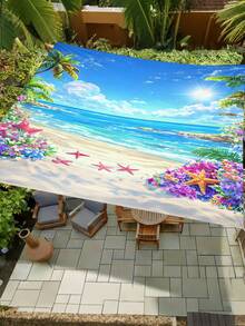 海灘印花圖案設計遮陽布，戶外遮陽布與天幕，1件2D平面印花帳篷，可水洗，適用於花園、露營、海灘及其他多種場景，附4條固定繩和4個地樁，不含支撐桿 - 彩色 - 查看 5