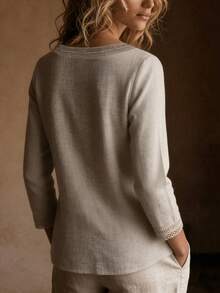 Blus Wanita Kasual Lengan Panjang Leher V dengan Hiasan Renda dan Pita Satin, Cocok untuk Pakaian Sehari-hari dan Liburan Musim Semi - Light Grey - View 4