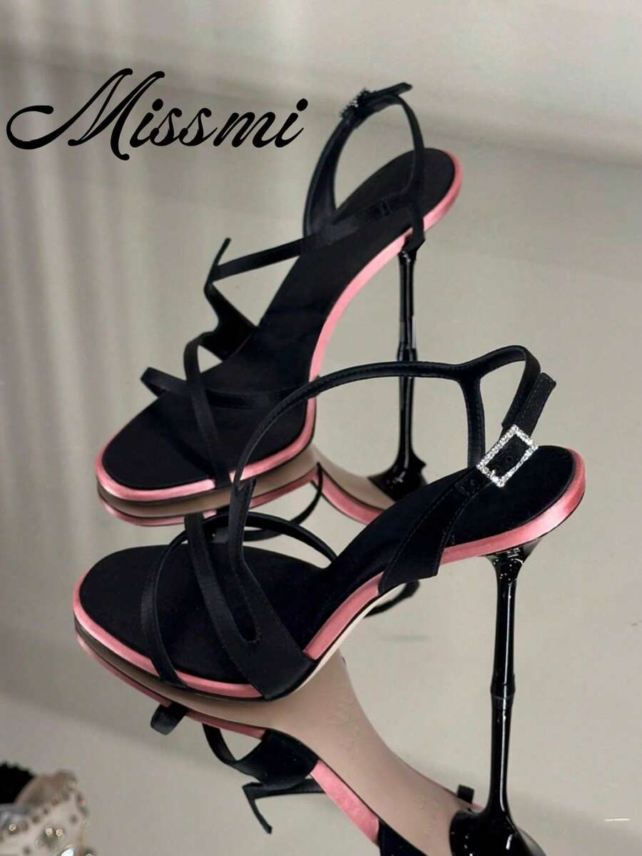 Elegant Rhinestone Embellished Square Toe Satin High Heel Sandals, Sexy Slingback Ankle Strap Dress Shoes For Women,Spring Summer Outfits - Black - View 1