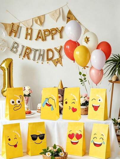 12pcs/Set Funny Smiling Face Party Gift Paper Bags, Birthday Party/Classroom Activity Packaging Bags, Party Gift Bags - Suitable For Birthday Gifts, Party Favors, Storage Bags, Party Tote Bags, Birthday Gift Bags And Gift Wrapping Supplies