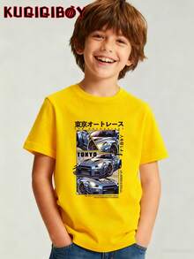Camiseta de manga corta casual de verano para adolescentes, con estampado de carreras de Tokio, moderna, fresca y elegante, adecuada para deportes al aire libre, primavera y verano, con cuel - Amarillo - Ver 1