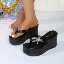 優雅女款新款歐美風夏季海星裝飾厚底坡跟夾腳涼鞋，大尺碼，扣環鏤空增高設計，輕量透氣，露趾，休閒海灘度假風 - 黑色 - 查看 3