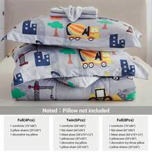 VIVILAND 6/8 Pieces Kids Bedding Comforter Sheet ,Ultral Soft Microfiber Kids Bed Set, Grey Bottom Excavator Comforter Sets For Girls/Boys Kids, Twin/Full Comforter Set For Girls/Boys - 灰底挖土機 - 查看 5
