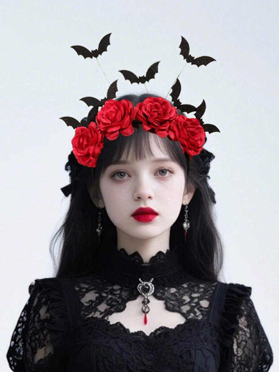 1件歐美萬聖節派對氛圍可愛女巫髮箍 蝙蝠人造花哥德風蝙蝠髮夾 幽靈暗黑系列 Cosplay 女款裝扮髮飾髮箍 - 紅色 - 查看 1