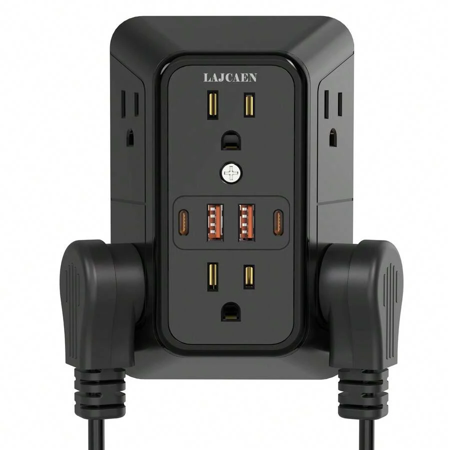 三面式突波保護插座延長器 – 6 個 AC 插孔 + 4 個 USB 接口 (2 個 USB C)，家用、旅行、辦公室牆壁充電電源條