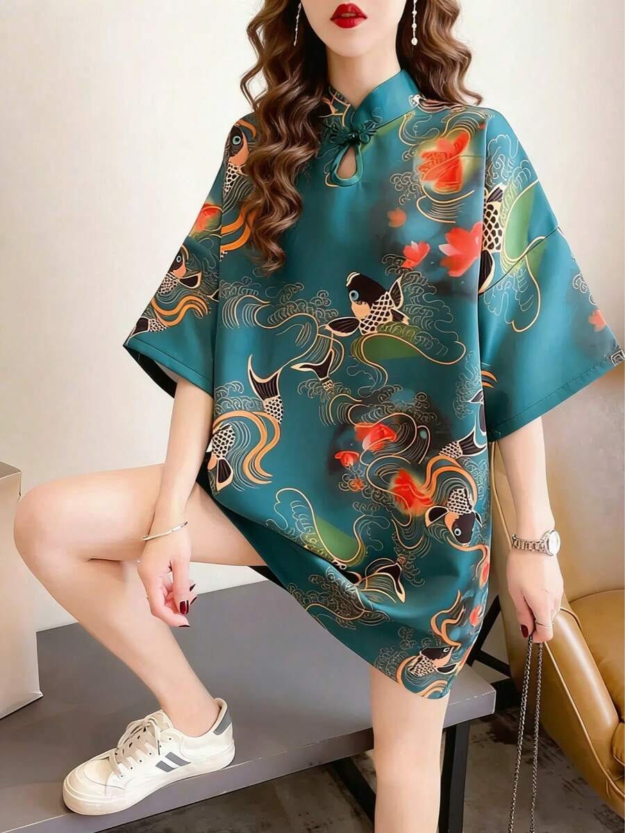新款中式鯉魚印花緞面迷你旗袍洋裝,女款寬鬆蝙蝠袖短袖立領盤扣旗袍,夏季穿著 - 綠色 - 查看 1