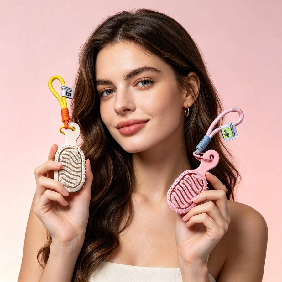 1pc Women's Mini Oval Massage Comb, Lightweight With Lanyard Keychain, Multiple Colors Available, Portable For Travel Outdoor Office Daily Use, Practical Personal Care Accessory, Suitable For Birthday Graduation Summer Holiday New Year