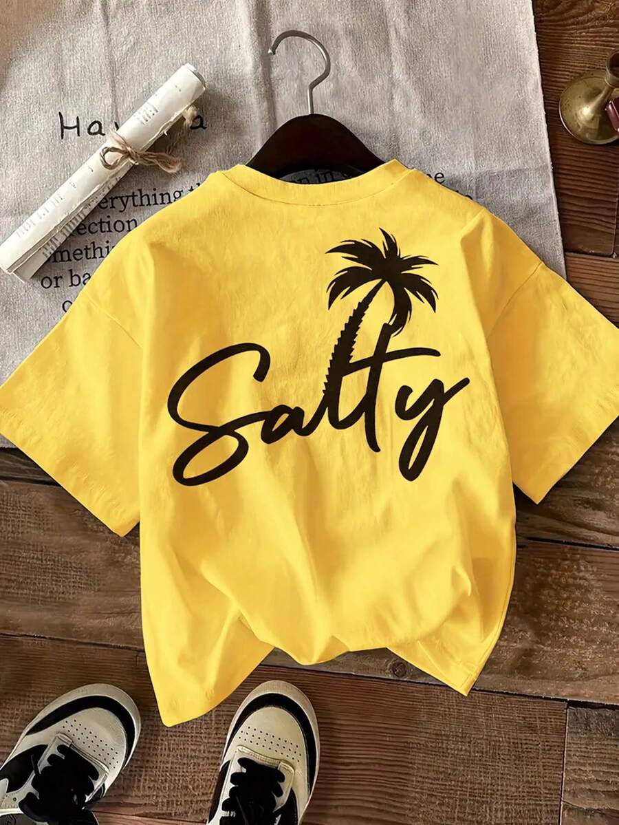 , Moda Urbana Local Primavera/Verano. Blusas para mujer, playeras de mujer. 180g (S-XXXL) Top Playero Salty para Mujer: Linda Camiseta de Vacaciones con Estampado de Palmeras para el Verano. - Amarillo - Ver 1