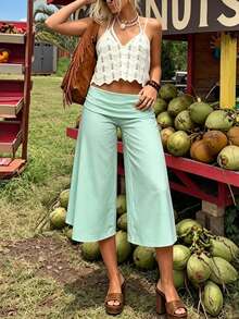 Fold Over Wide Leg Capri Pants For Women Low Rise Lounge Yoga Flare Culottes Y2k Flowy Crop Palazzo Pants - 薄荷綠 - 查看 5