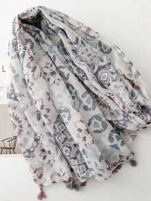 Floral Print Polyester Scarf Suitable For Vacation Wear - Light Grey - View 3