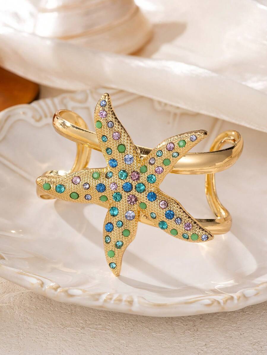 1pc Bohemian Colorful Rhinestone Starfish Open Adjustable Bangle, Suitable For Women's Daily, Beach, Vacation Wear, Ocean Theme Jewelry - Yellow Gold - View 1