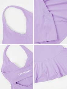 TimeOff 女款 1件式素色掛脖露背口袋內襯短褲運動連身裙 - 淡紫色 - 查看 4