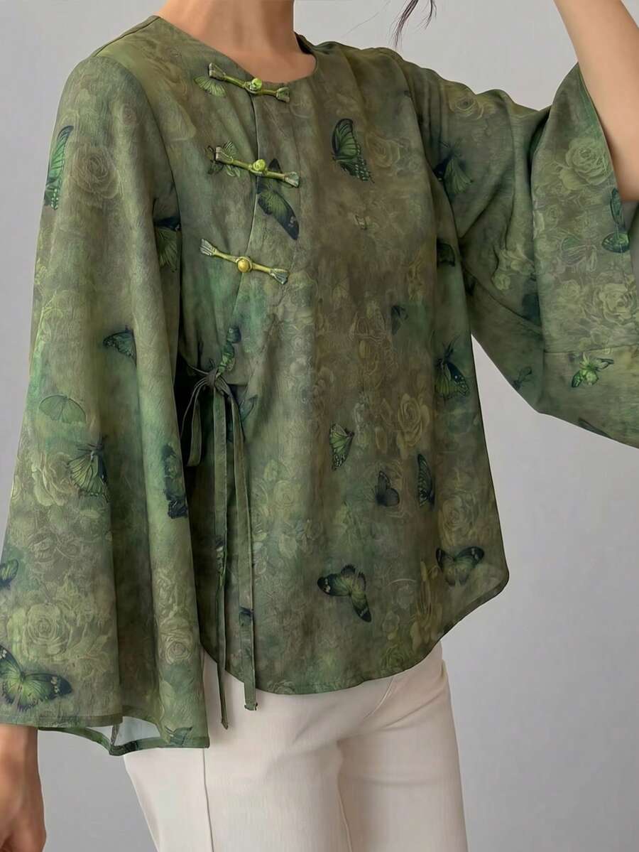 1件女款紮染綠色印花不對稱領斜前襟單排扣繫帶高低下擺喇叭袖優雅中式上衣,舒適透氣,適合海灘度假、上班、日常穿著、派對、宴會、婚禮、新年、春節等多種場合 - 綠色 - 查看 1