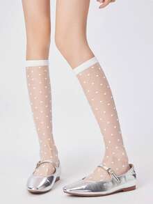 Polka Dot Floral High-Top Sheer Stockings, JK Style, Preppy Look, Perfect For Back-To-School Outfits. - Multicolor - View 9