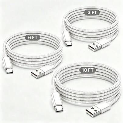 USB-C 數據傳輸線 [3ft/6ft/10ft] 長，USB-A 轉 Type-C 快充線，通用手機充電器，相容 iPhone 充電器、 以及其他 Android 手機與裝置，適用於汽車配件/旅行必需品