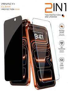 2-In-1 Set: 1pc Privacy Tempered Glass Screen Protector + 1pc HD Tempered Glass Screen Protector. Scratch-Resistant, Shock-Proof, Oleophobic Coating, Smooth Touch. Compatible With IPhone X/XR/11/12/13/14/15/16/16 Plus/16 Pro/16 Pro Max/16 E/17/17 Air/17 Pro/17 Pro Max Series. Phone Accessories, Compatible With Phone Cases. - Clear - View 1