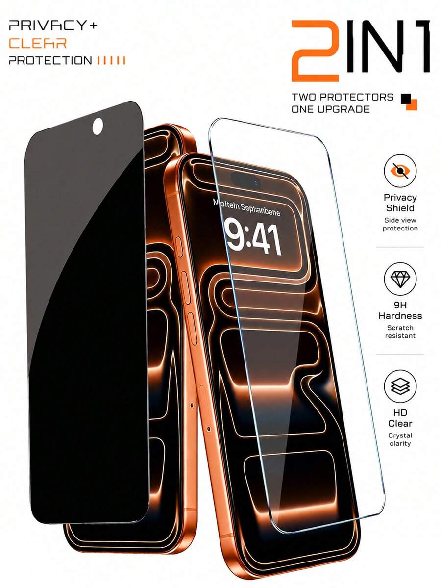 2-In-1 Set: 1pc Privacy Tempered Glass Screen Protector + 1pc HD Tempered Glass Screen Protector. Scratch-Resistant, Shock-Proof, Oleophobic Coating, Smooth Touch. Compatible With IPhone X/XR/11/12/13/14/15/16/16 Plus/16 Pro/16 Pro Max/16 E/17/17 Air/17 Pro/17 Pro Max Series. Phone Accessories, Compatible With Phone Cases. - Clear - View 1