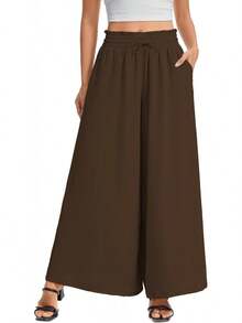 Women's Wide Leg Pants, Elastic Waist With Drawstring, Lightweight Loose Casual Trousers With Pockets - 咖啡 - 查看 1
