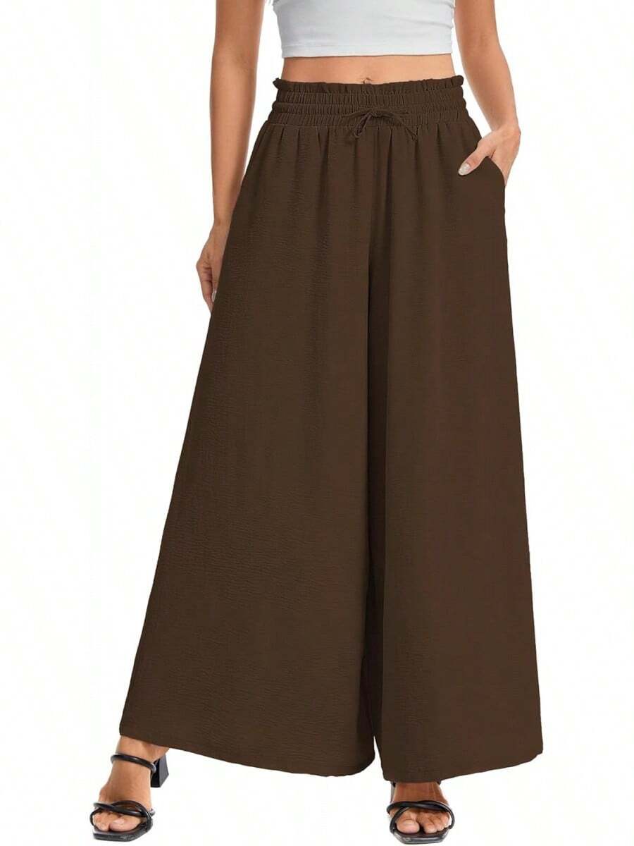 Women's Wide Leg Pants, Elastic Waist With Drawstring, Lightweight Loose Casual Trousers With Pockets - 咖啡 - 查看 1