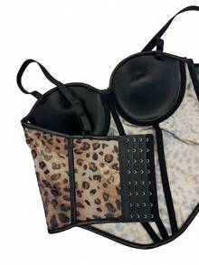 Sexy Leopard Print Patchwork Bra With Straps, High Quality Sheer Lace Mesh Corset With Boning. - 花色 - 查看 4