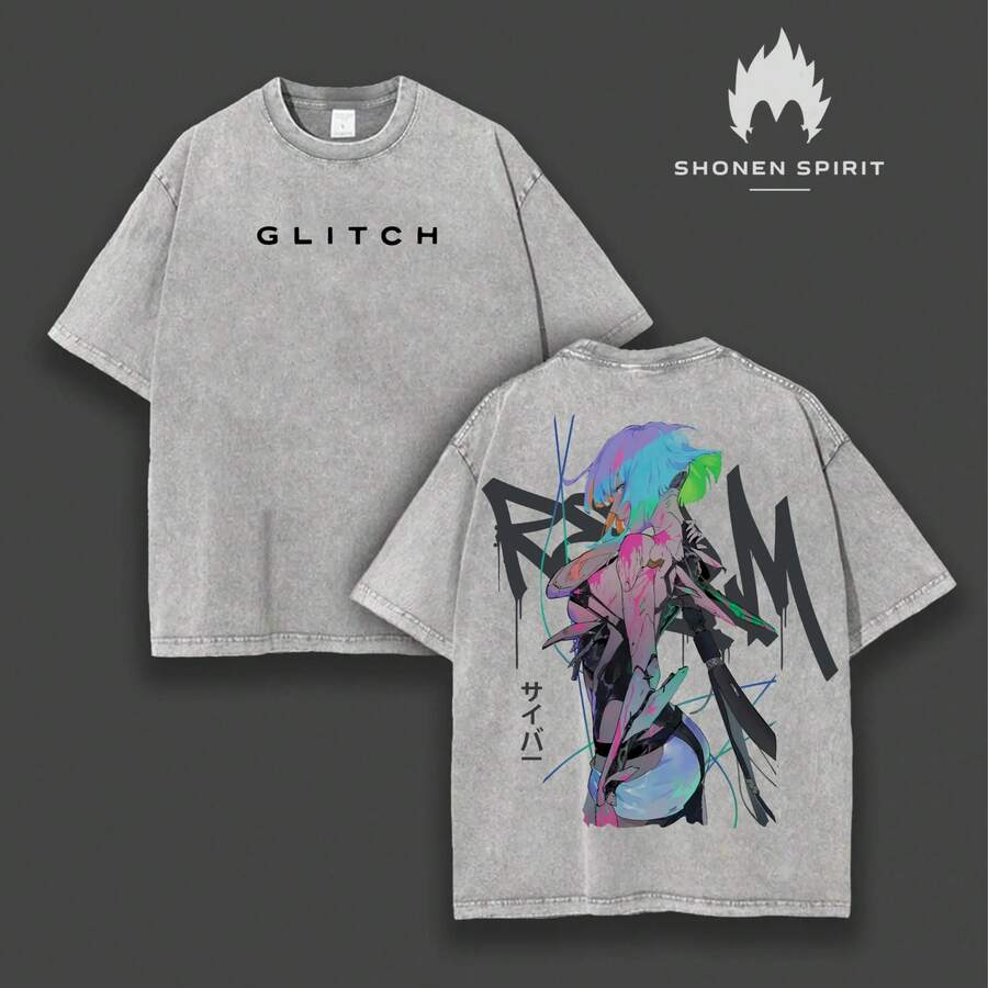 Lightweight Unisex Acid Wash T-Shirt By Lucy X Edgerunners, Runner T-Shirt, Edgerunners, Lucy T-Shirt, Cotton Fabric Top - 深灰色 - 查看 1