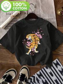 Camiseta con estampado de tigre y flores de cerezo, de manga corta y cuello redondo, casual para verano y primavera, ropa de mujer, camiseta gráfica casual de verano de mujer de manga corta - Negro - Ver 2